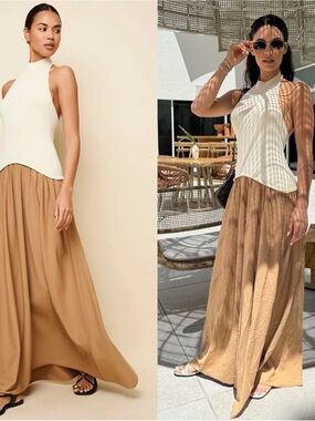 Solid and Striped Soglio Halter Ecru Camel Brown Maxi Dress Size L